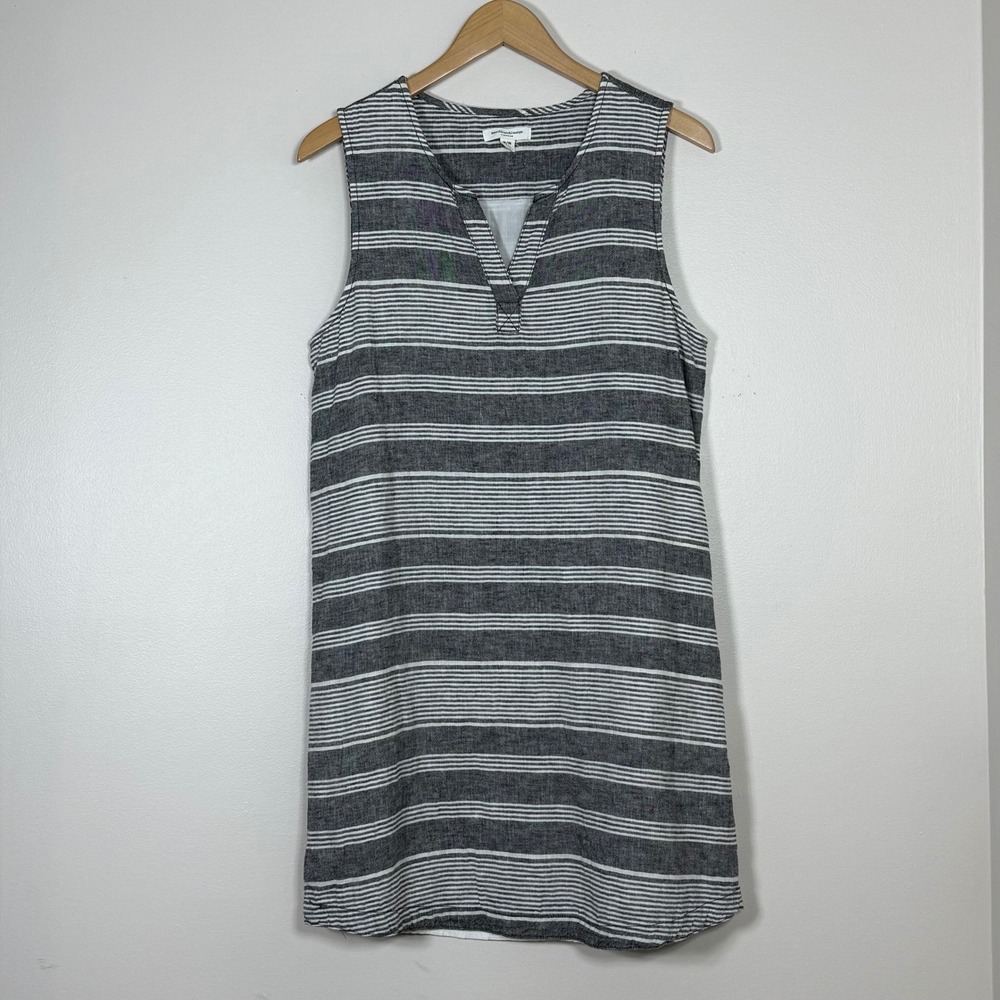 Beachlunchlounge Womens Linen Blend Dress M Gray White Striped Split V Neck